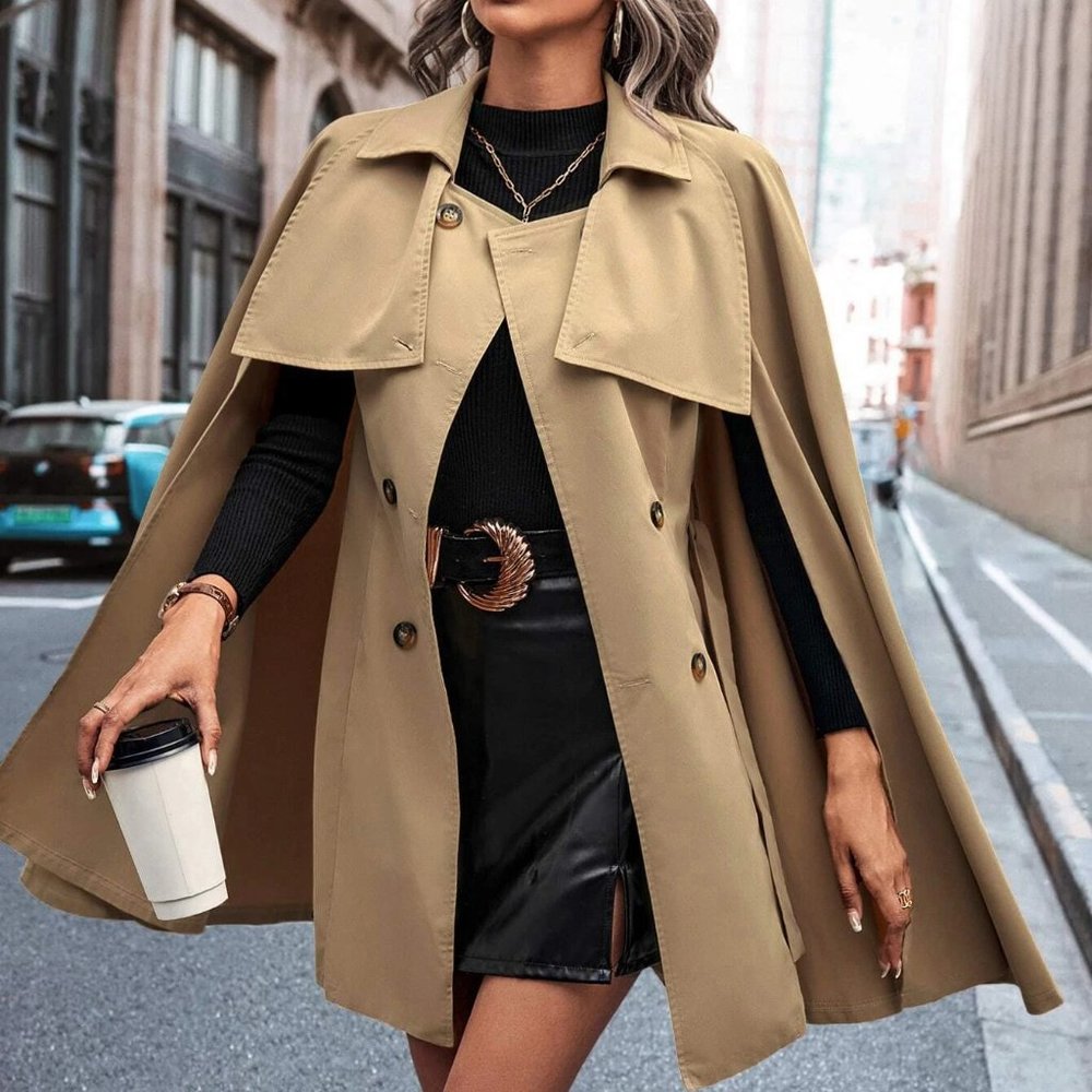 Camel tan Preppy Womens Trench Cape Jacket coat - Picture 3 of 5